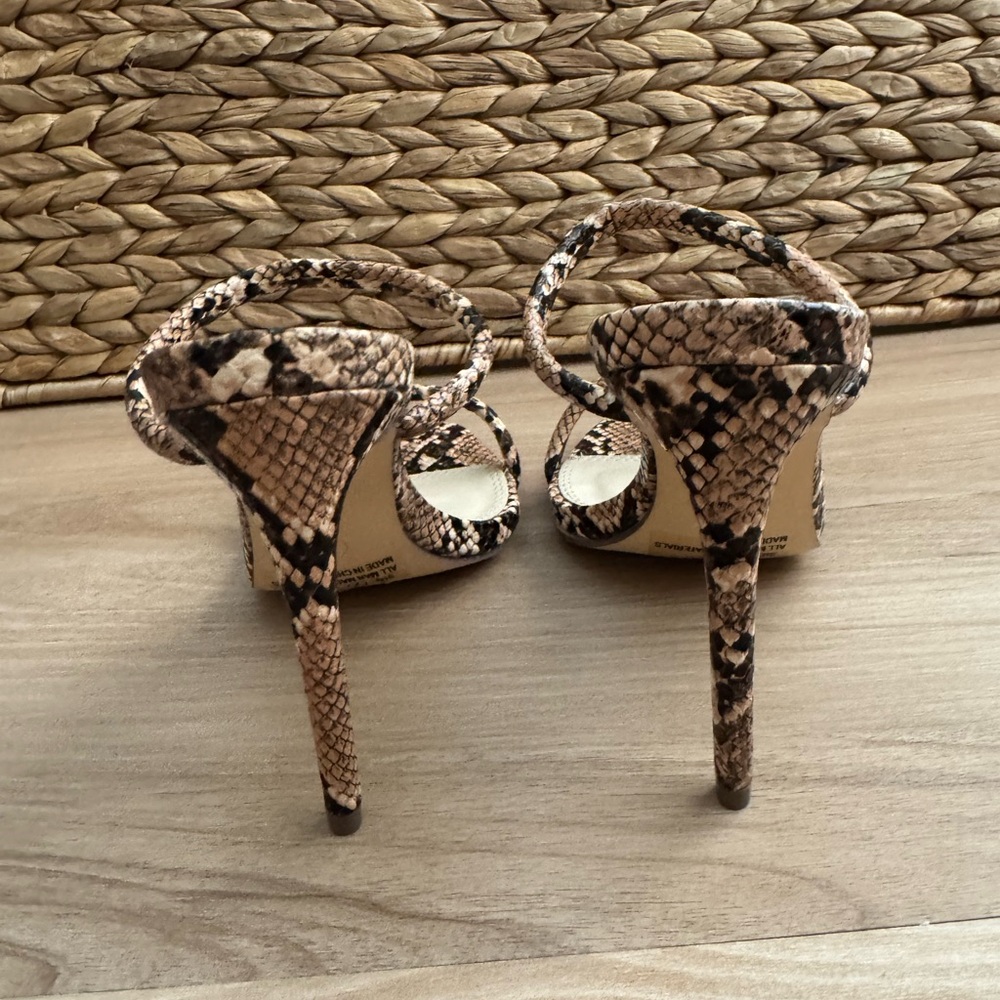 NWB! Lulu's Theyaa Tan Snake-Embossed Square-Toe High Heel Sandals - Picture 8 of 11